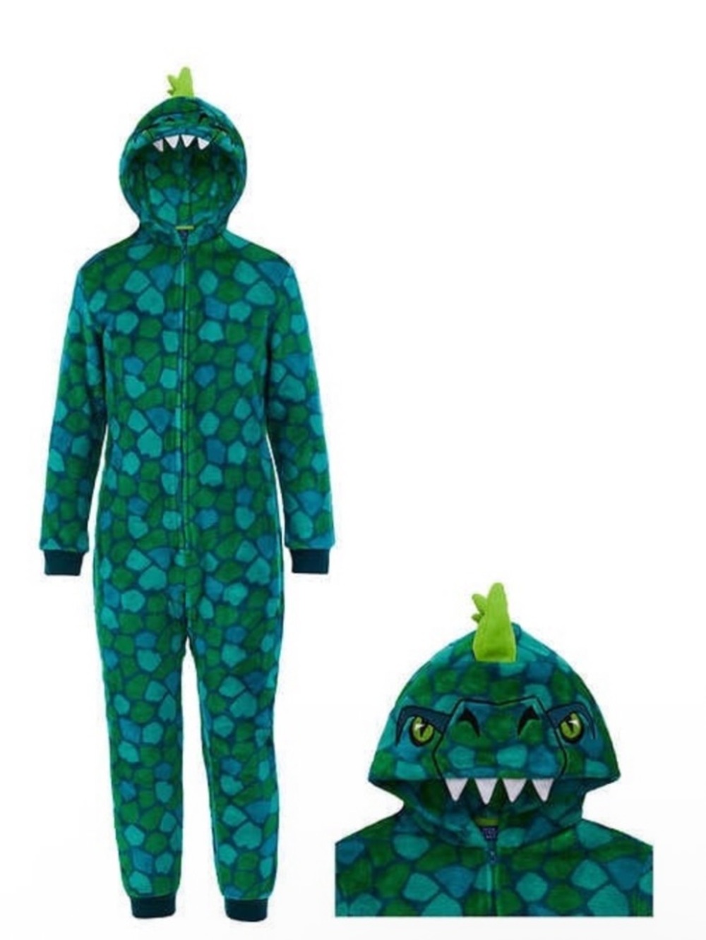 SAINT EVE DINOSAUR Kids Green Hooded Blanket Footed Fleece Pajamas Sz 10-12